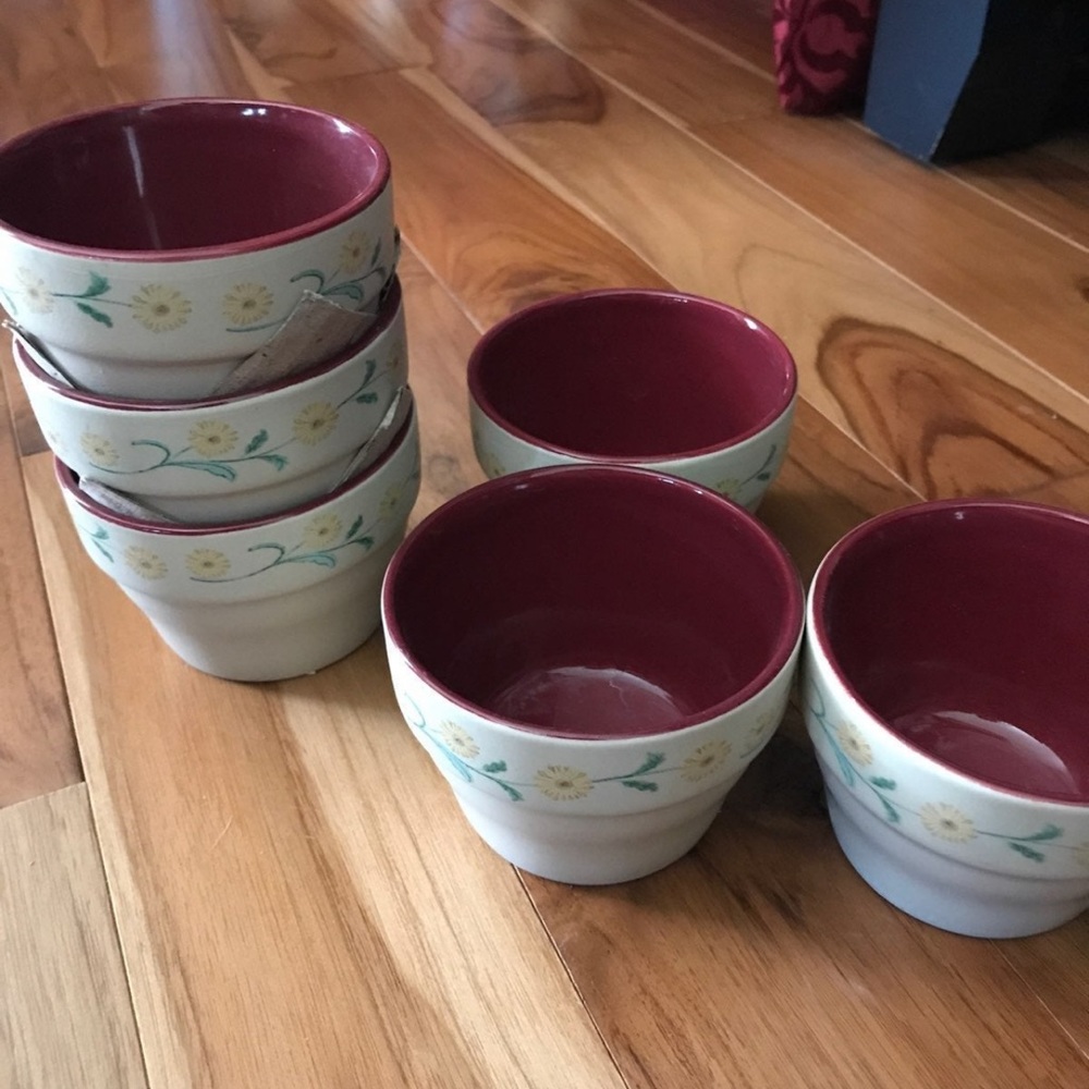 Pottery baking cup set yellow floral design 6 Piece Ceramic Country Mini Bakers